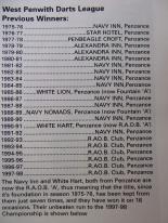 West Penwith Darts league winners 1975-76 to 1997-98